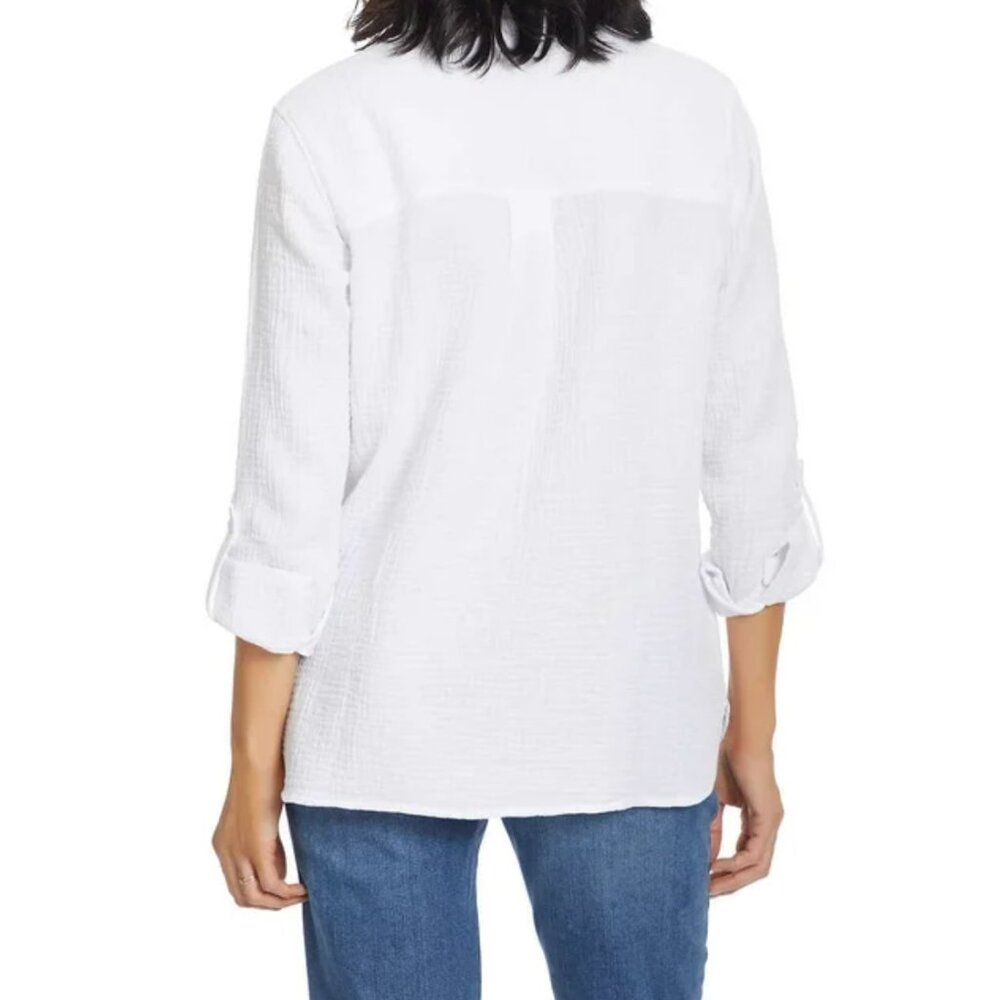 ANNE KLEIN JEANS WHITE BUTTON DOWN CRINKLE GAUZE SHIRT 100% COTTON M NWOT - Picture 2 of 11
